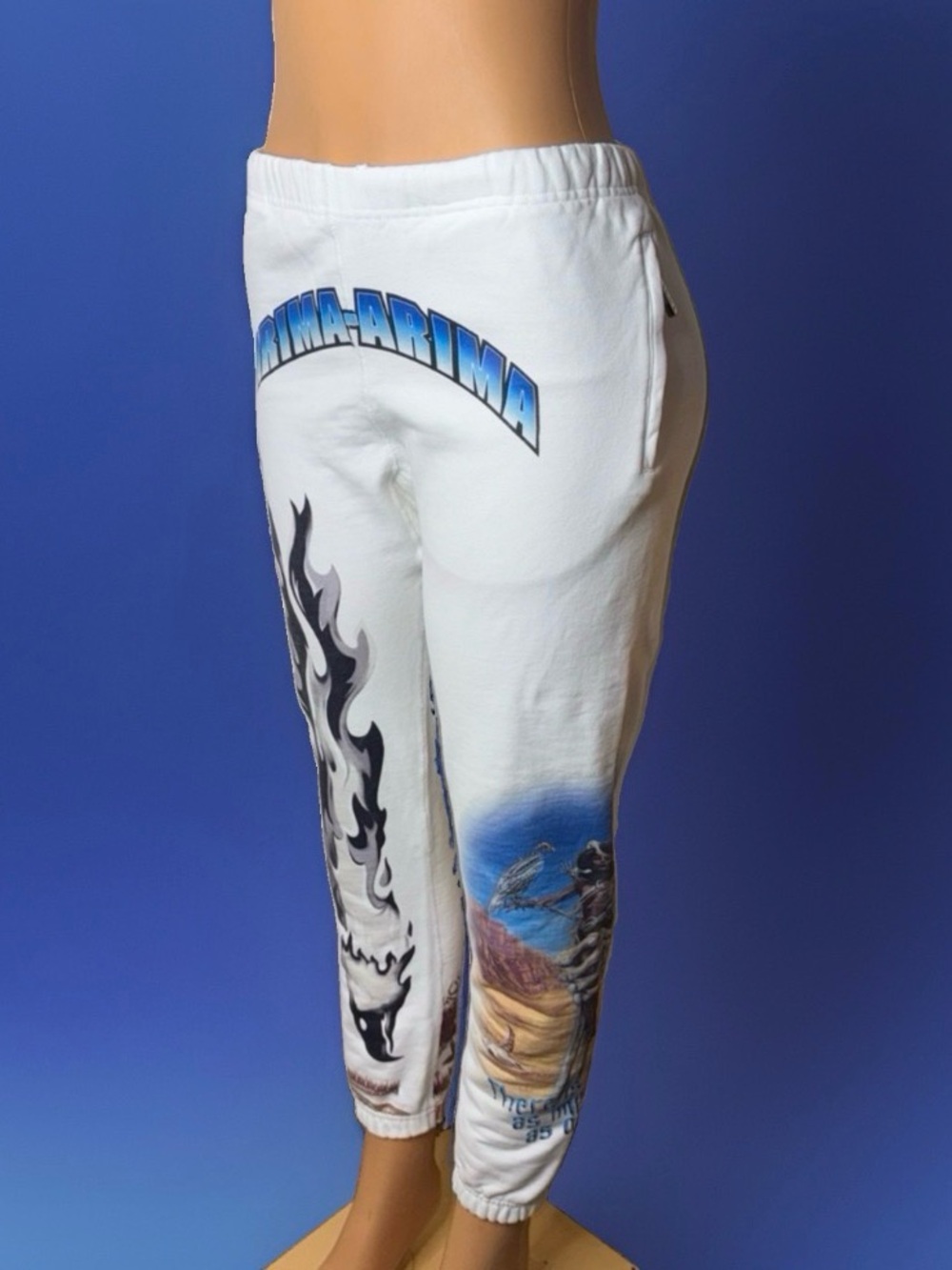 White Graphic Jogger Pants with Blue Accents